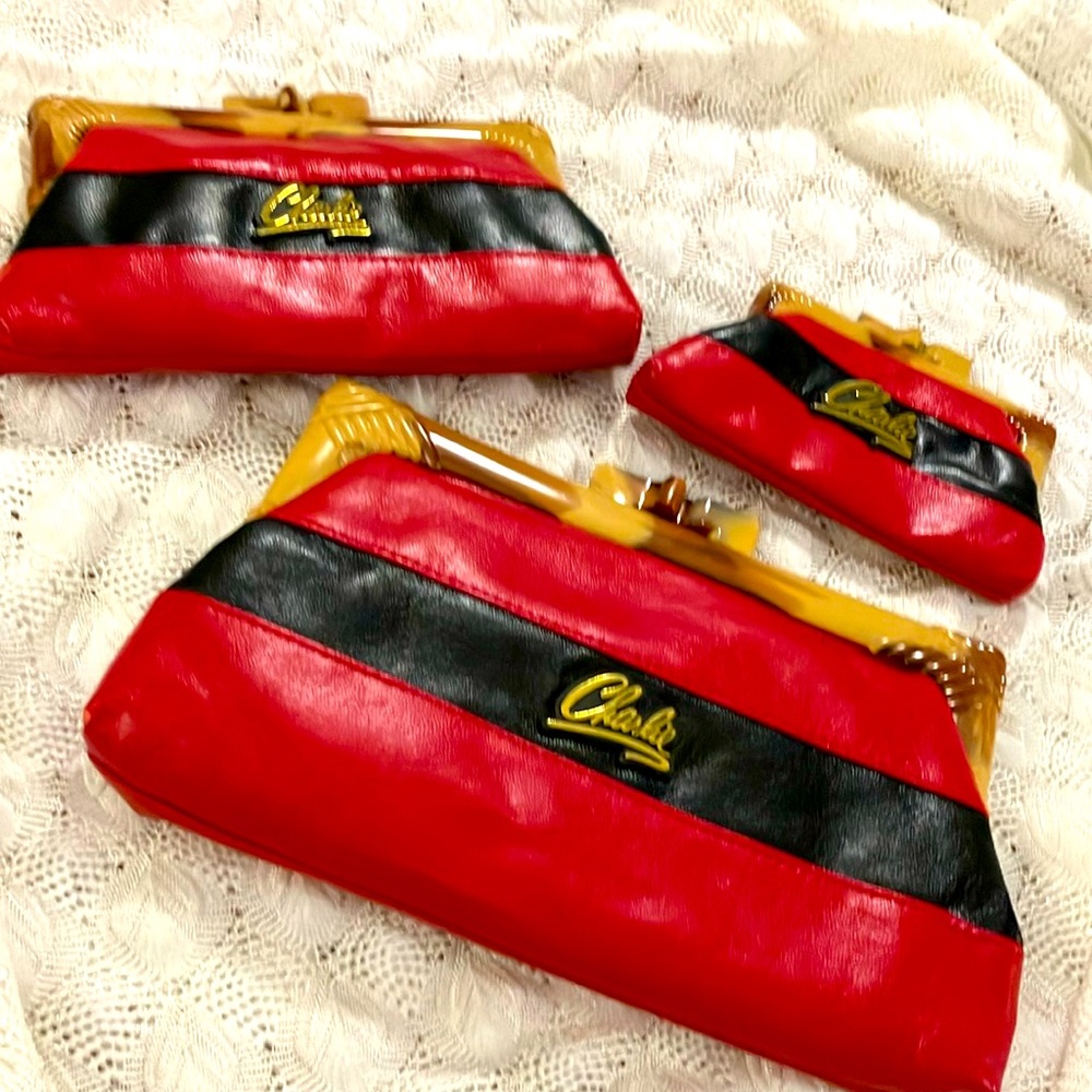 Vintage Three piece set red and black clutch purses marked Charlie